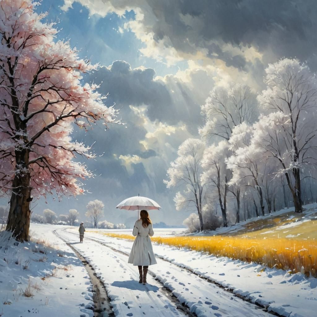Girl with Umbrella in Snowy Field: Pastel Painting