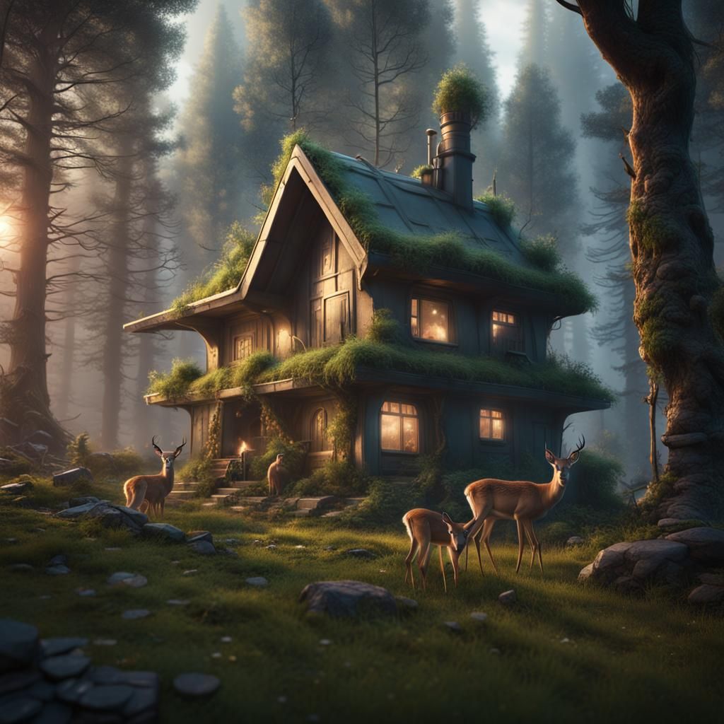 Futuristic Forest Cottage with Deer: Fantasy Concept Art