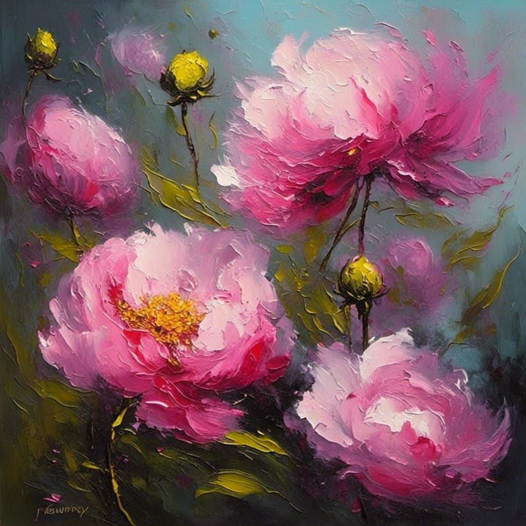 Pink Peonies Oil Painting as Impasto Art