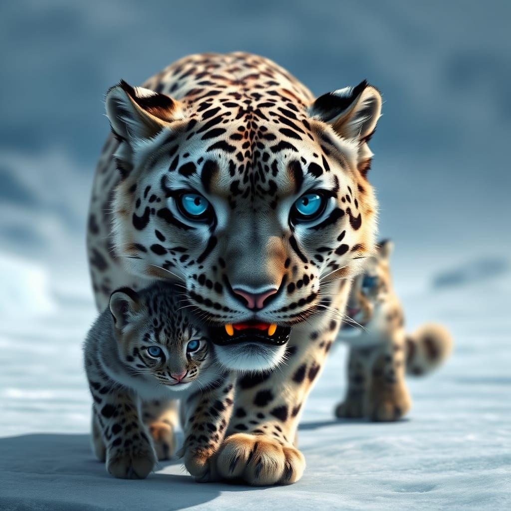 Blue-Eyed Snow Leopard and Cub on Glacier