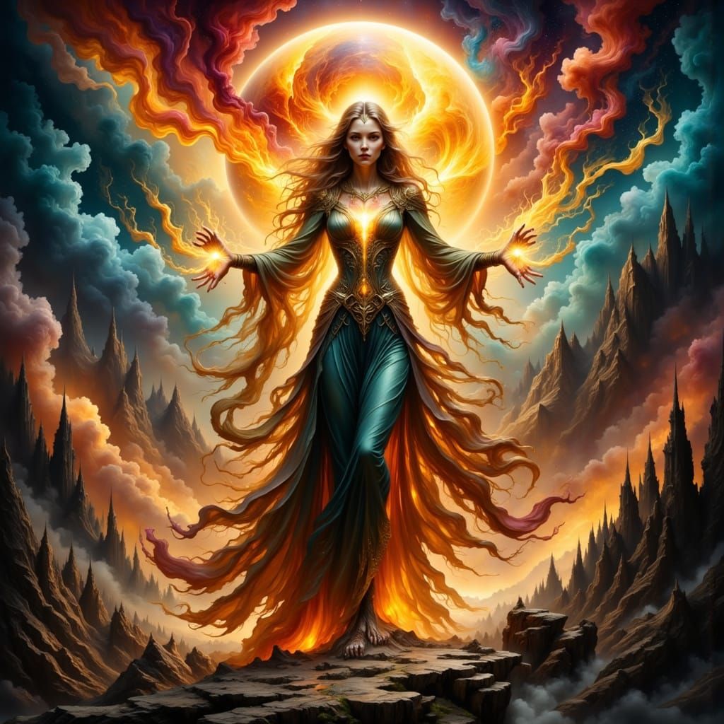 Elven Sorceress Commanding Power in Hyperdetailed Painting