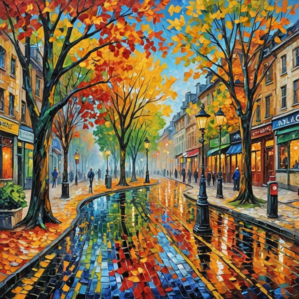 Vibrant Neon Autumn Street in Expressionist Style