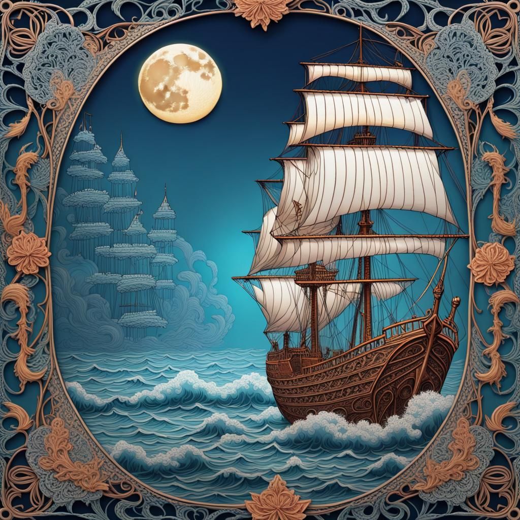 Art Nouveau Framed Ship - 2