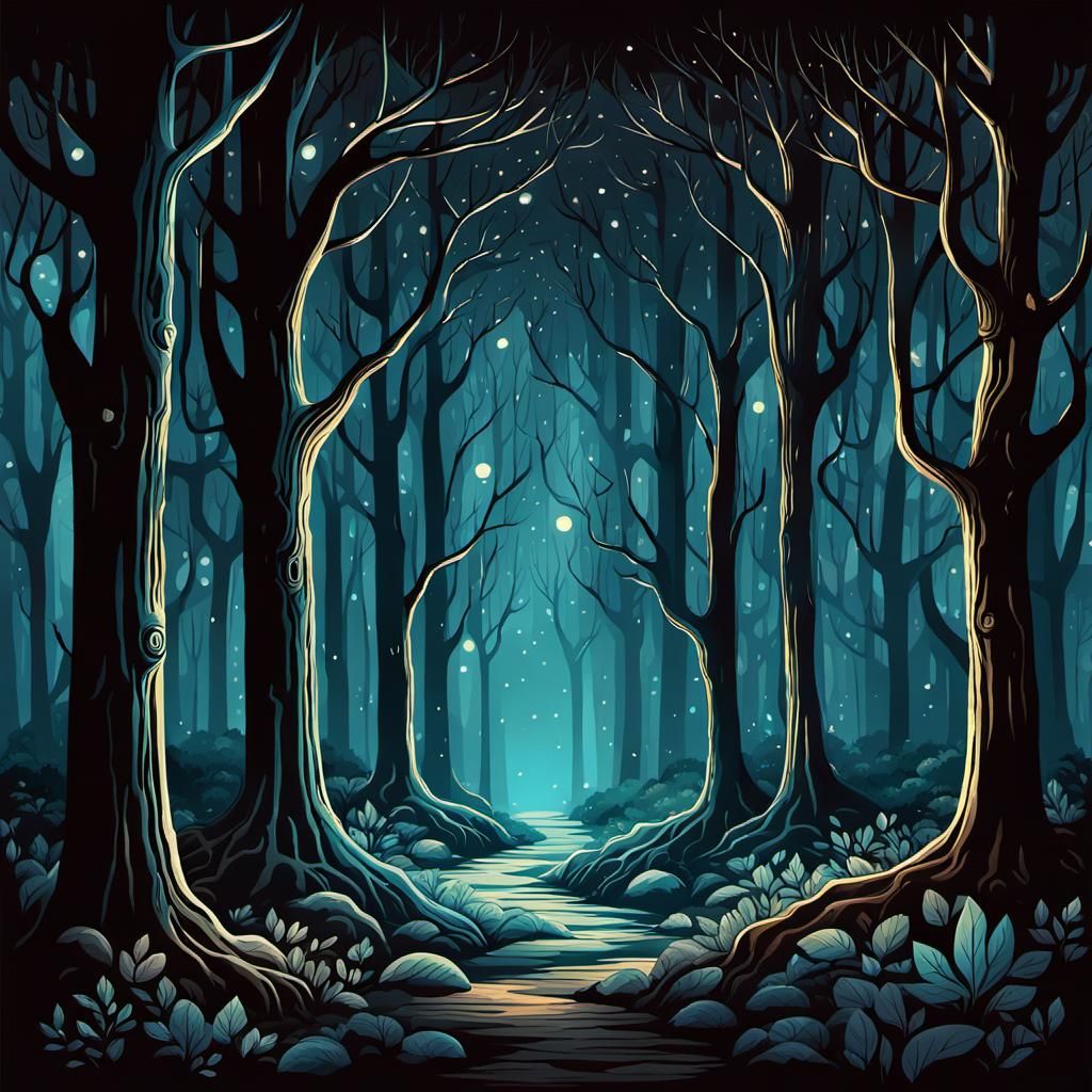 Enchanted Forest with Luminous Trees and Magical Creatures