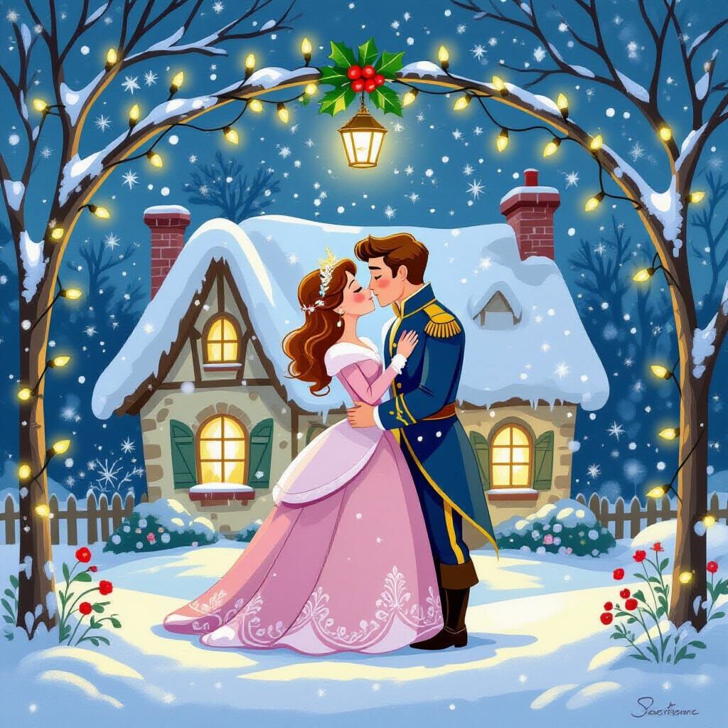 Princess and Prince Kissing Under Mistletoe by Fairy Light C...