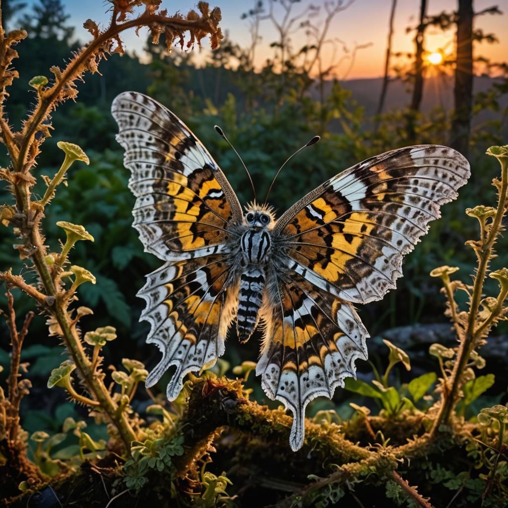 Backlit Owl-Winged Panther Moth in Bioluminescent Landscape
