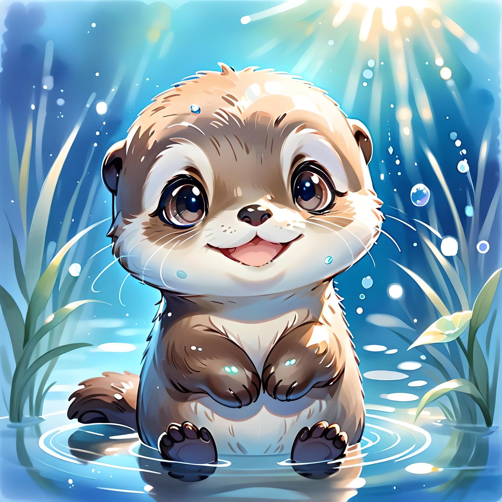 Adorable Chibi Otter Watercolor Painting