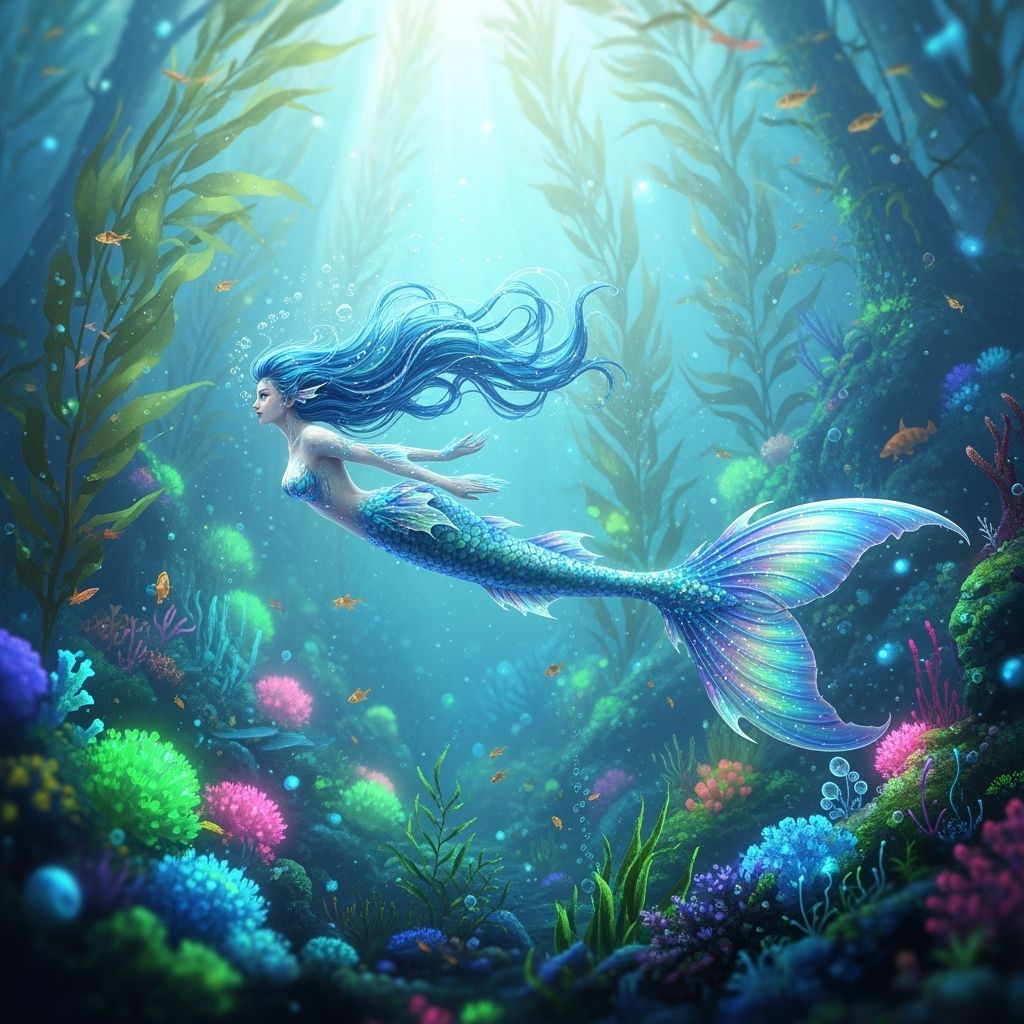 Ethereal Mermaid in Bioluminescent Underwater Forest