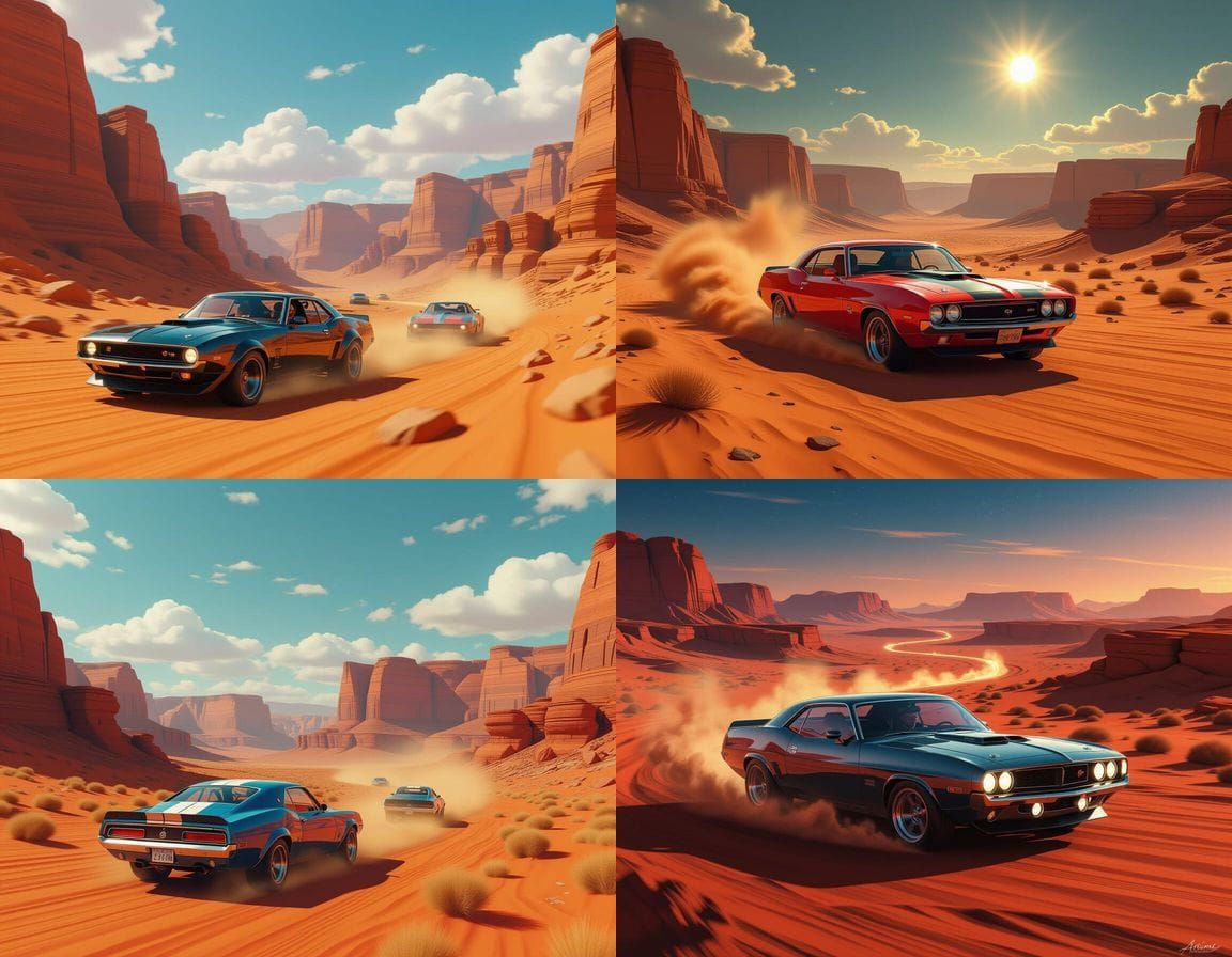 Muscle Car Race on Mars Desert Canyon