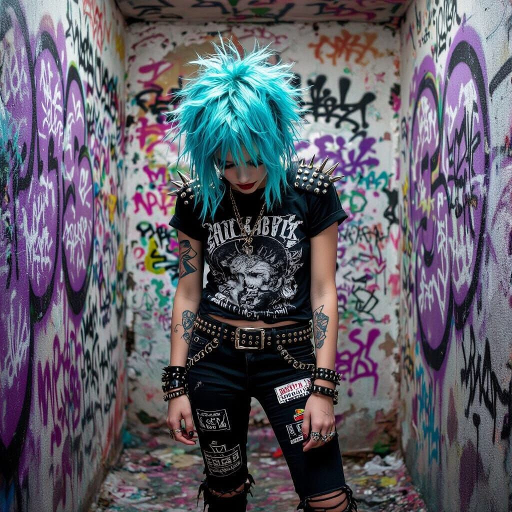Punk Emo Person with Turquoise Hair in Graffiti Room