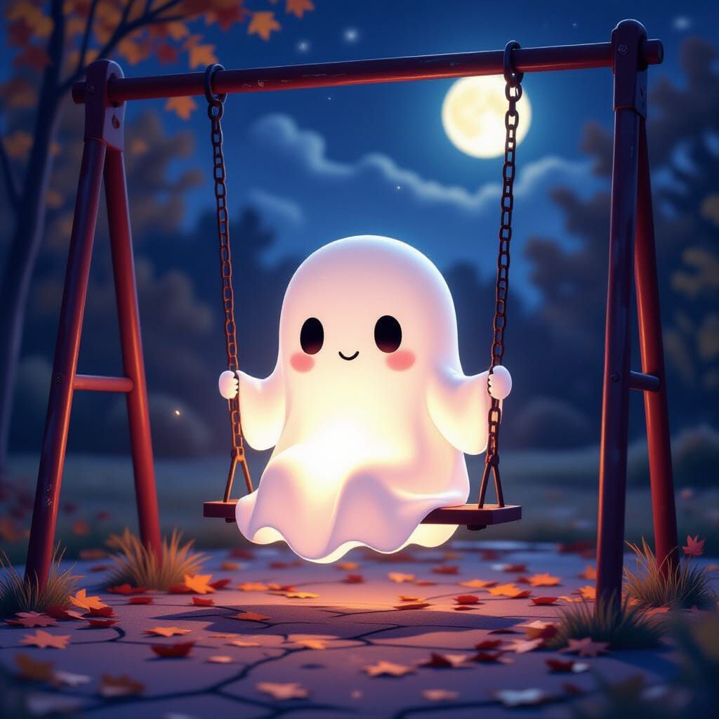 Cute Chibi Ghost on Swing Set in Abandoned Playground