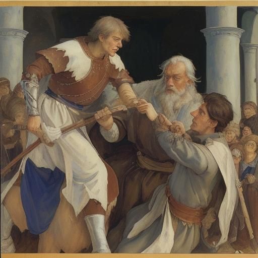 Old Man Confronts Knight in Serebriakova Style
