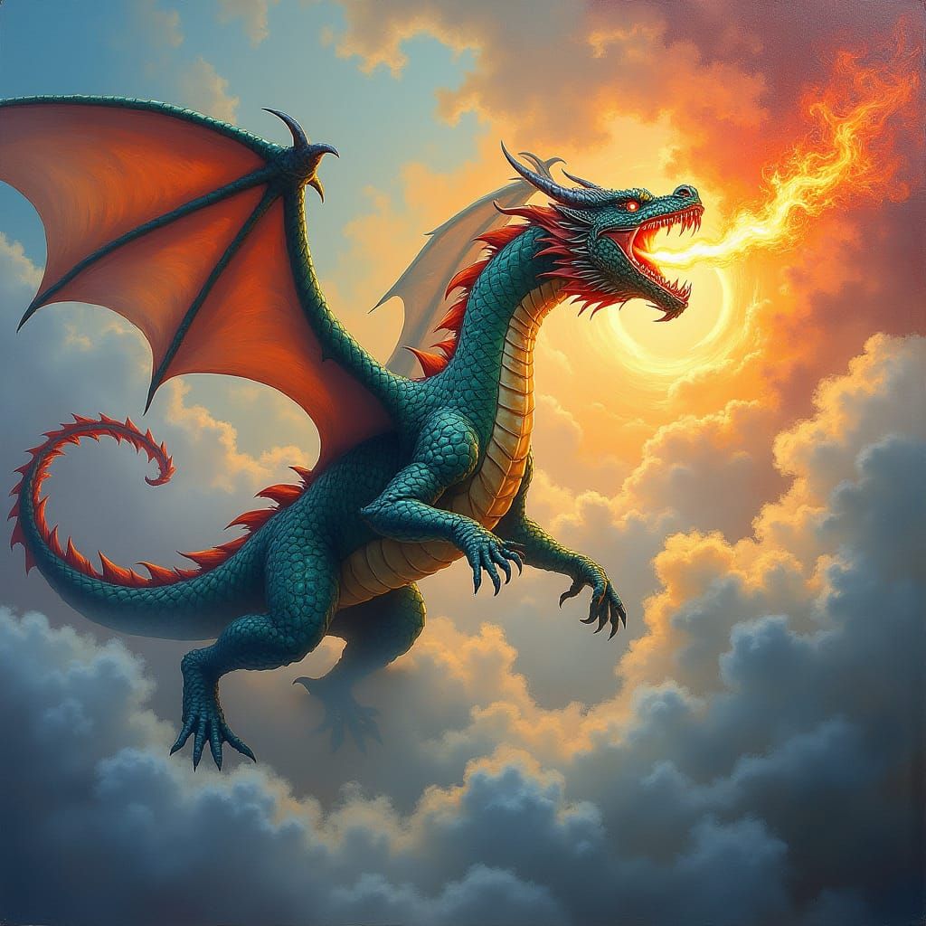 Majestic Dragon Unleashes Fiery Blaze in Flight