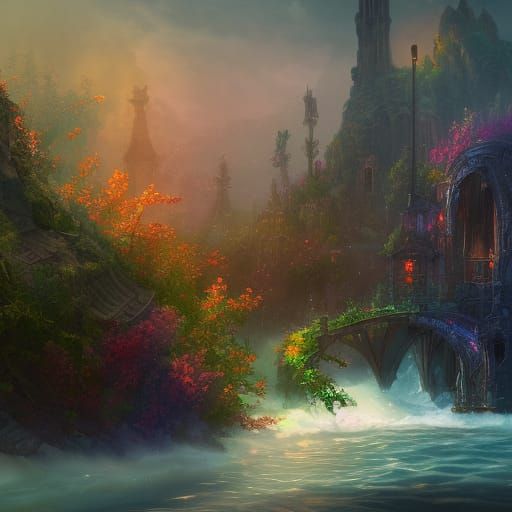 Surreal Watercolor Fantasy Scene in Deep, Complementary Colo...