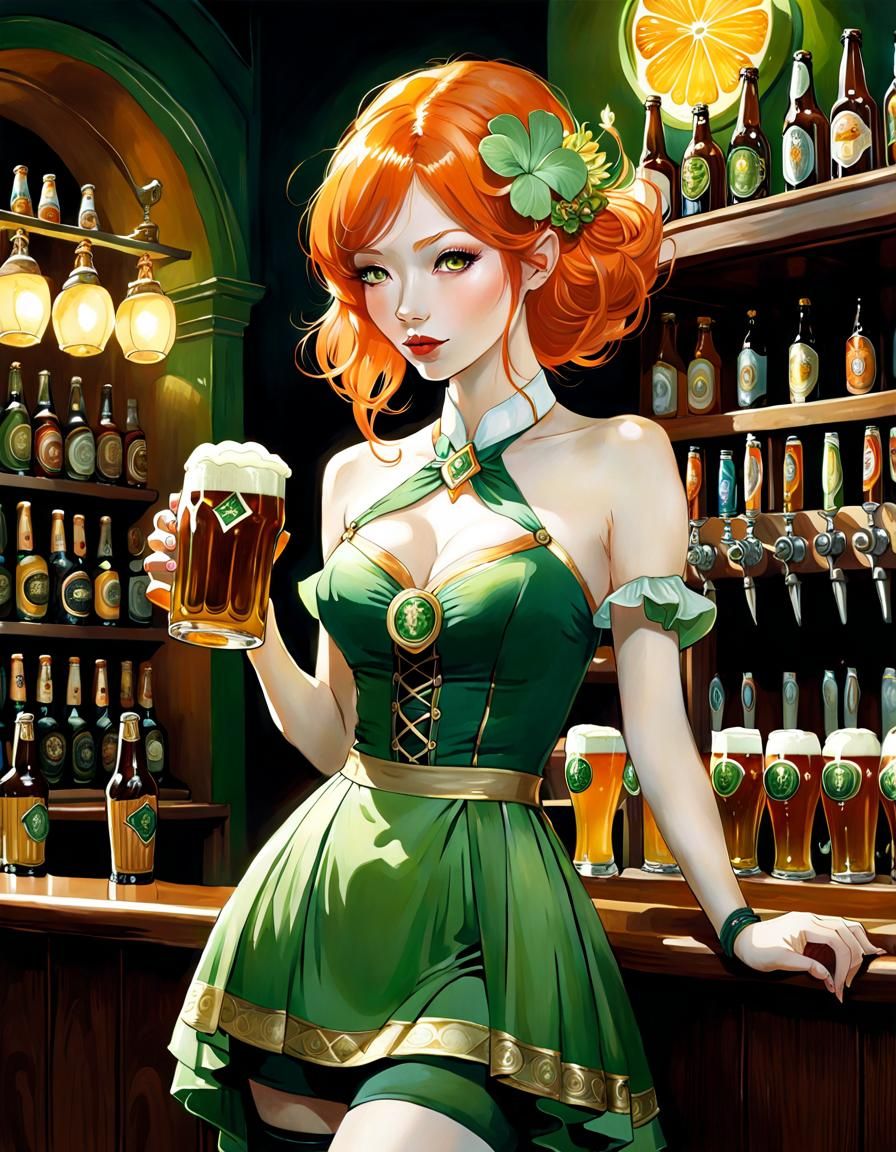 Dreamy Irish Waifu Serving Beer, Surreal Art
