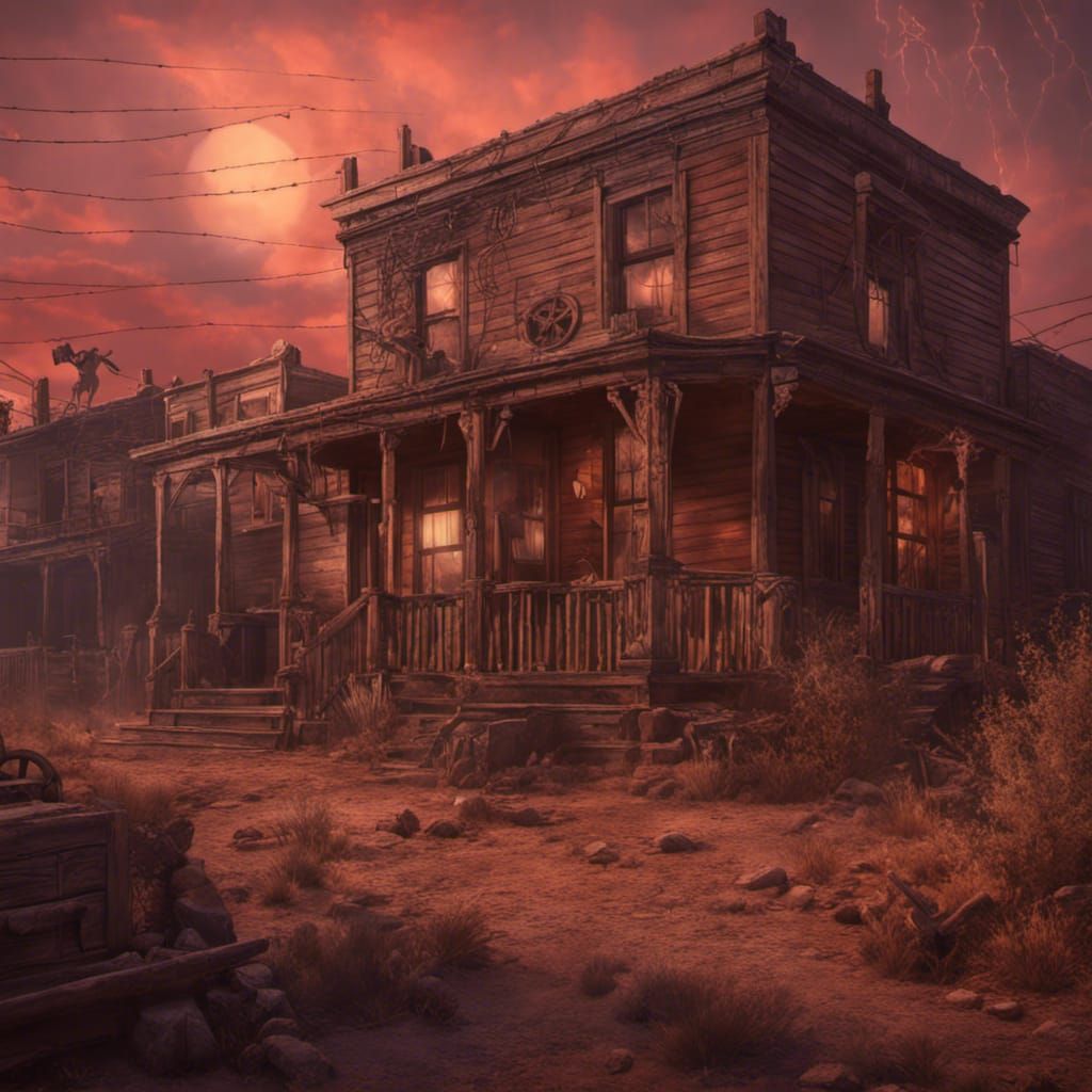 Ghost Cowboy in a Red Sky Ghost Town