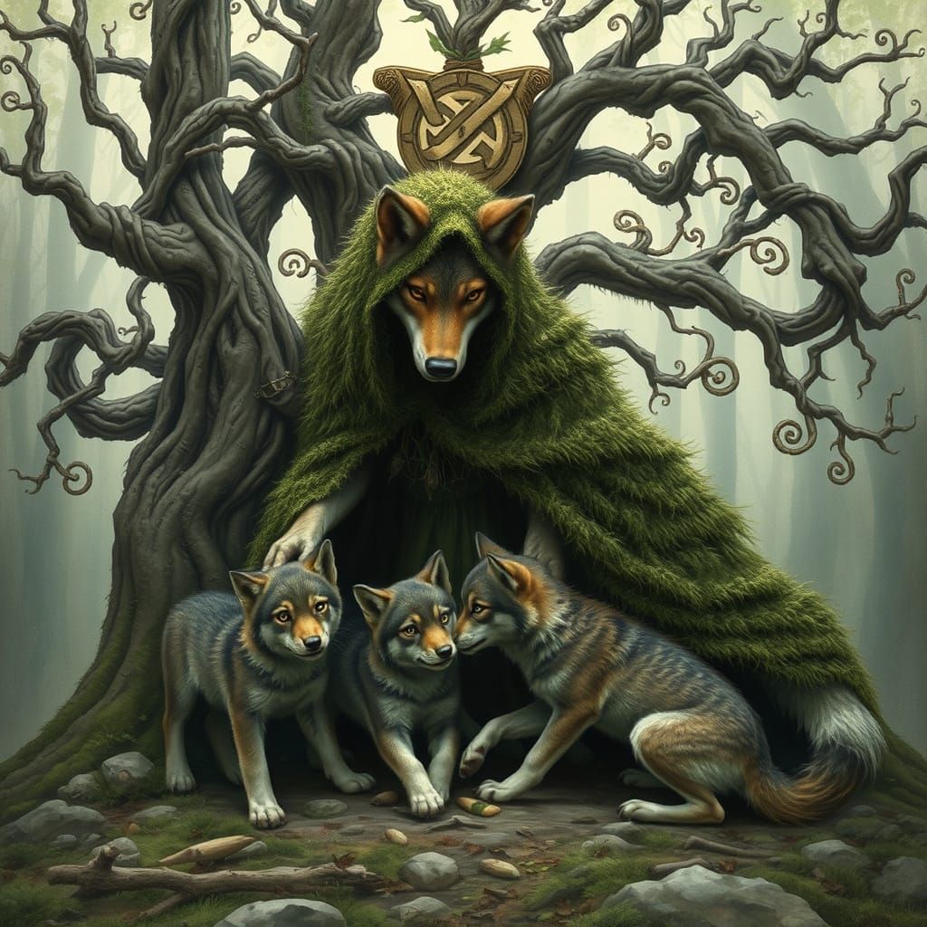 Mother Wolf and Cubs Amidst Celtic Tree of Life