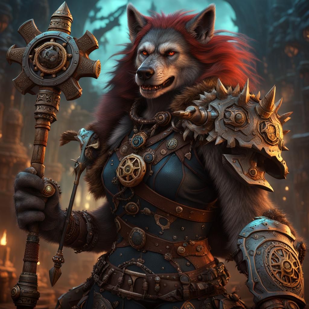 Steampunk Werewolf Barbarian with Cog Spear