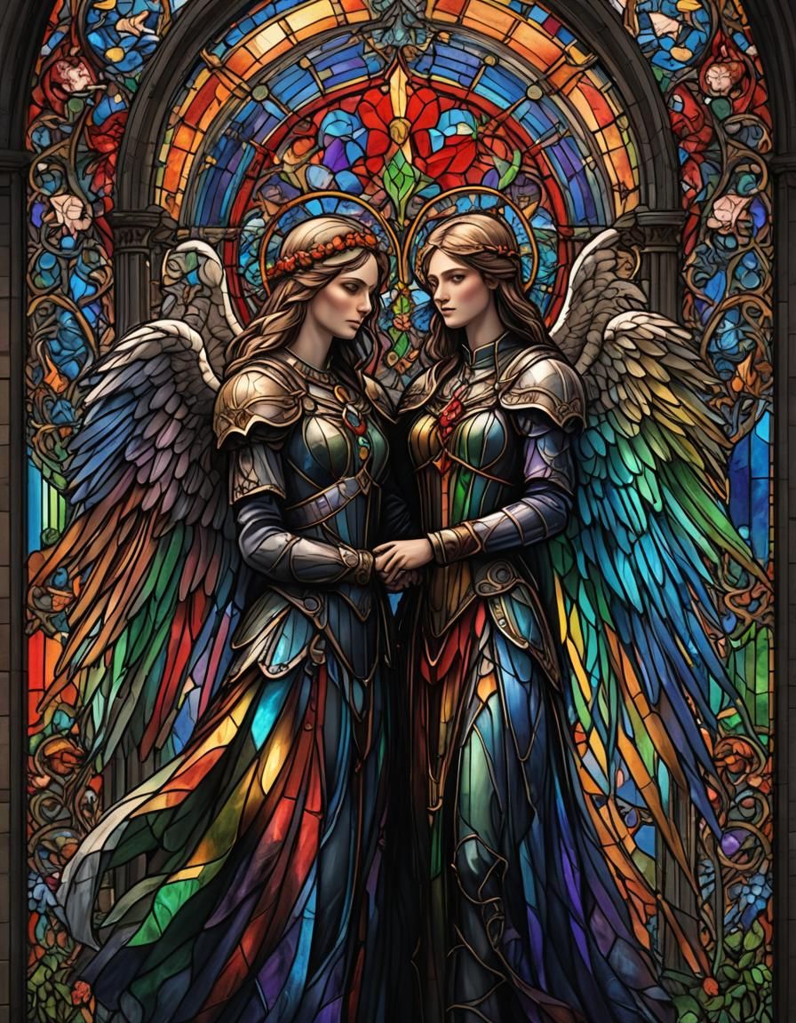 Gothic Stained Glass: Rainbow Angel Lesbian Couple