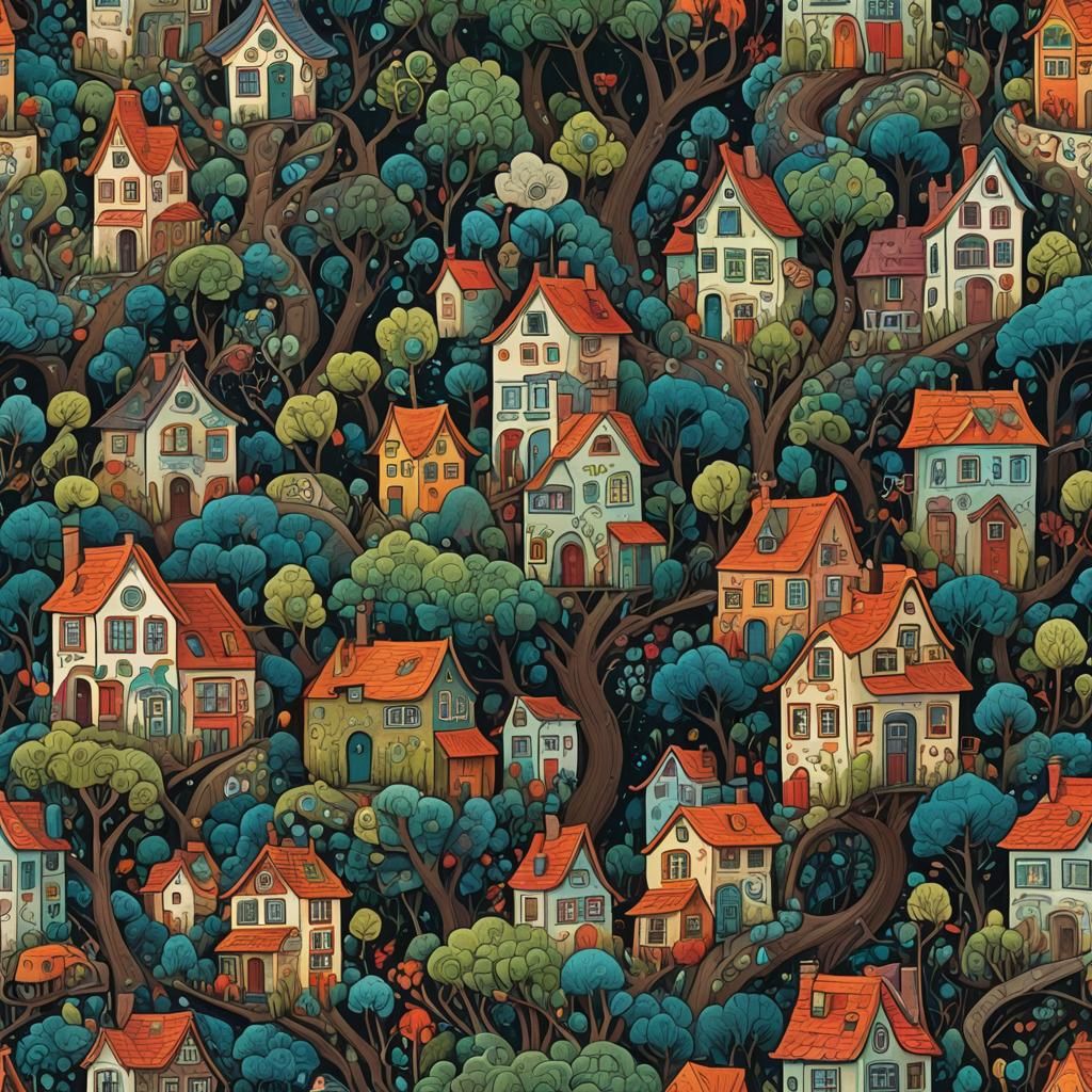 Vibrant Surrealist Village as Outsider Art