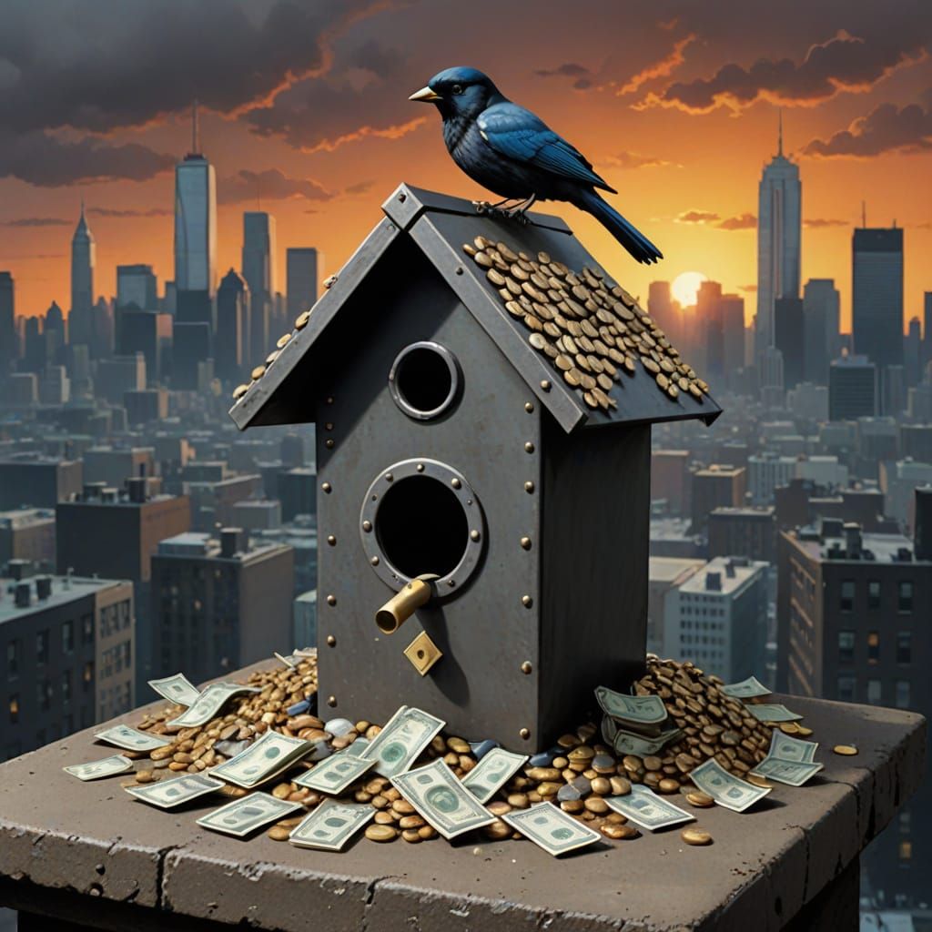 Birdhouse Vault Guarded by Leather-clad Bird in Banksy Style