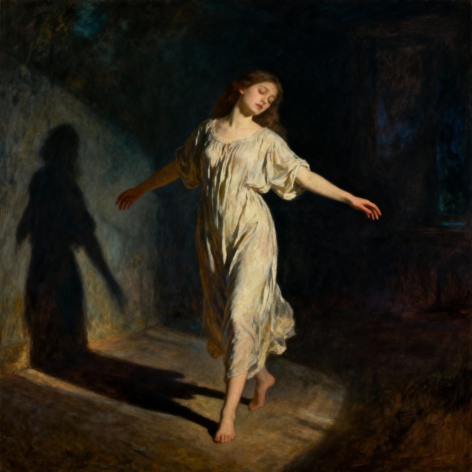 Surrealist Oil Painting of Sleepwalking Woman
