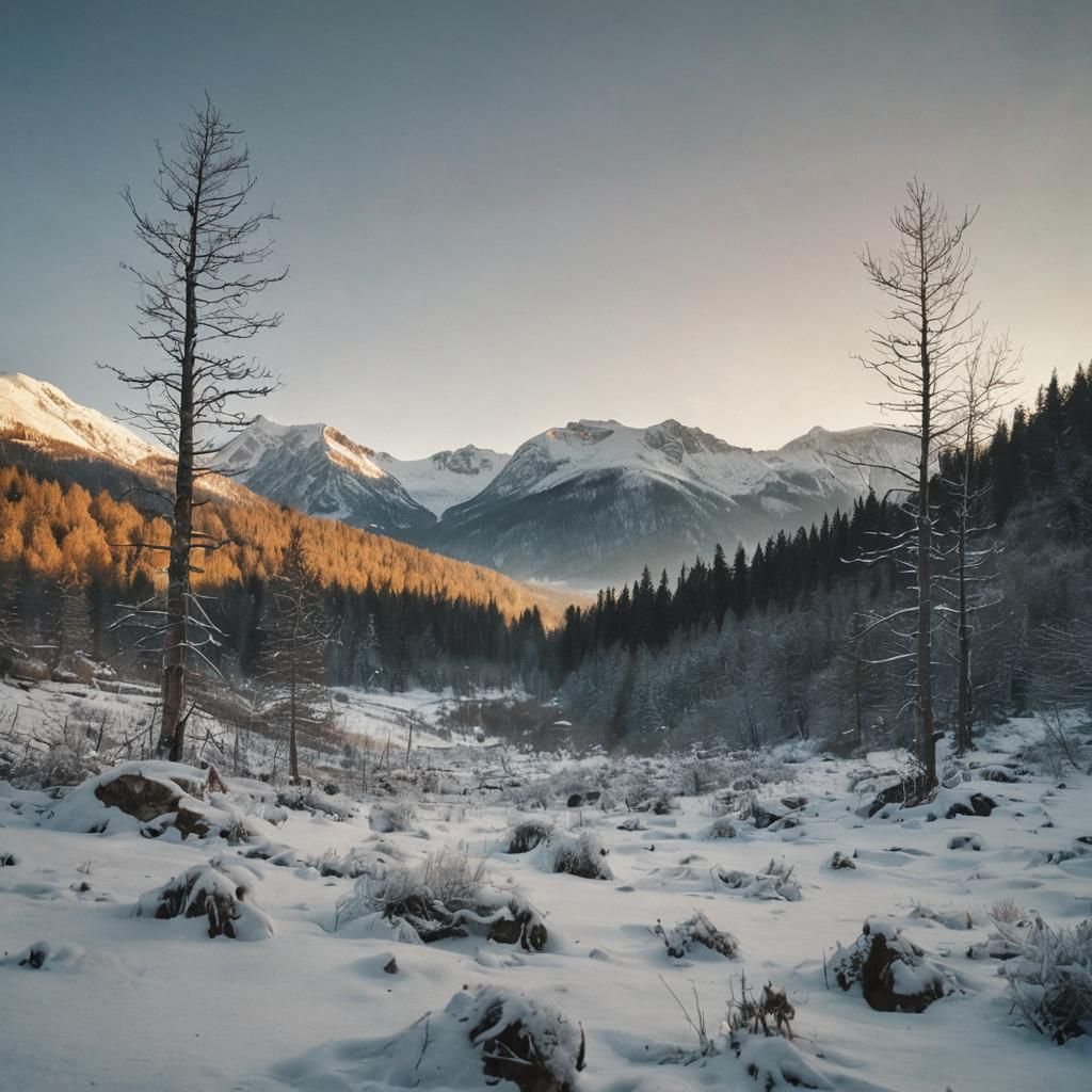 Winter Landscape with Forest and Mountains, Polaroid Style