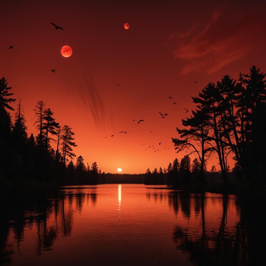 Crimson Lake with Red Sky and Orb