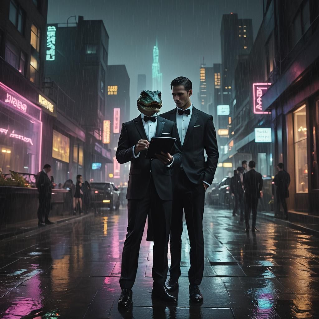 Alligator Usher Directs Wedding Guests in Cyberpunk Cityscap...