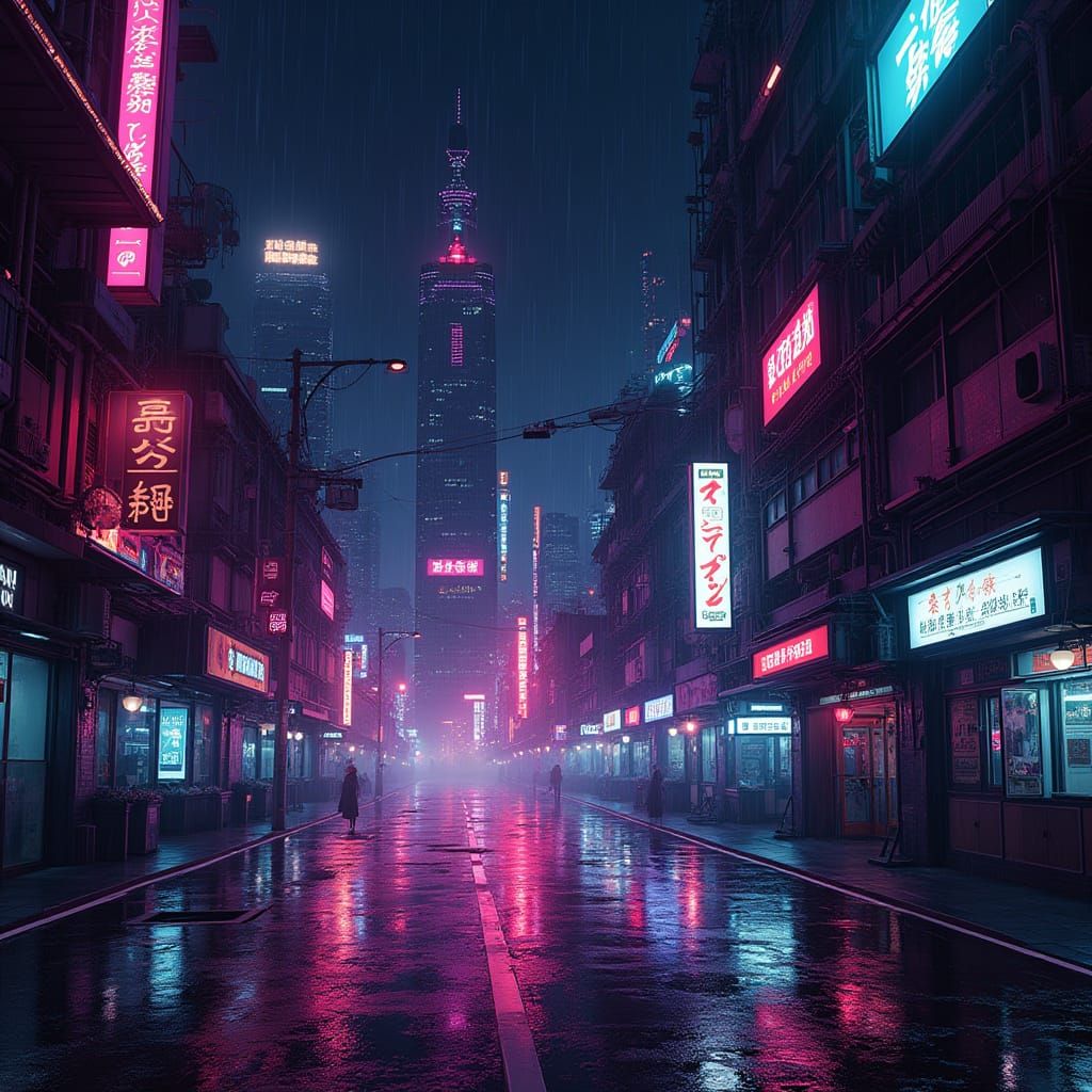 Neon Cyberpunk Skyline Reflections on Wet Street