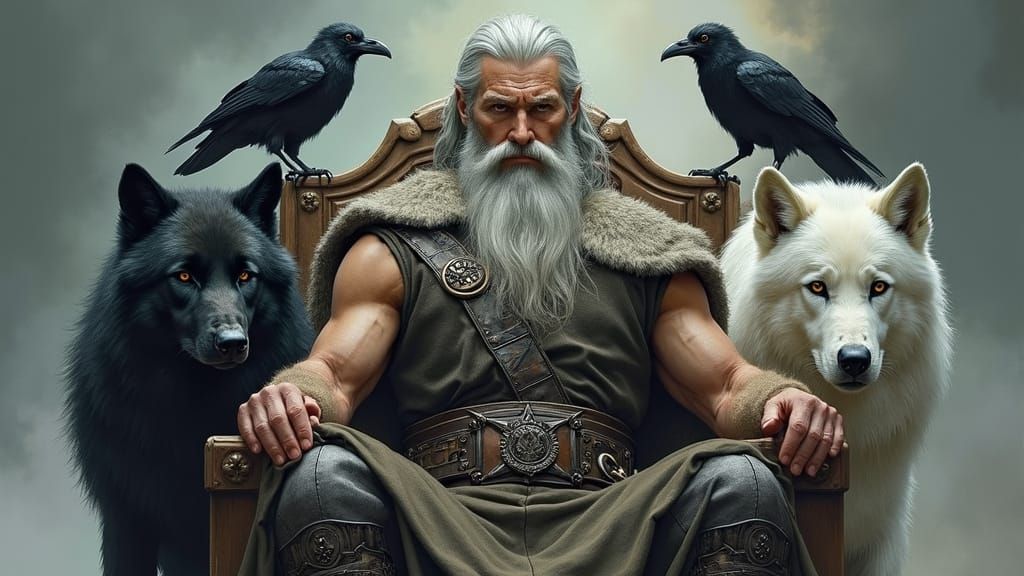 Odin on Throne with Wolves and Ravens