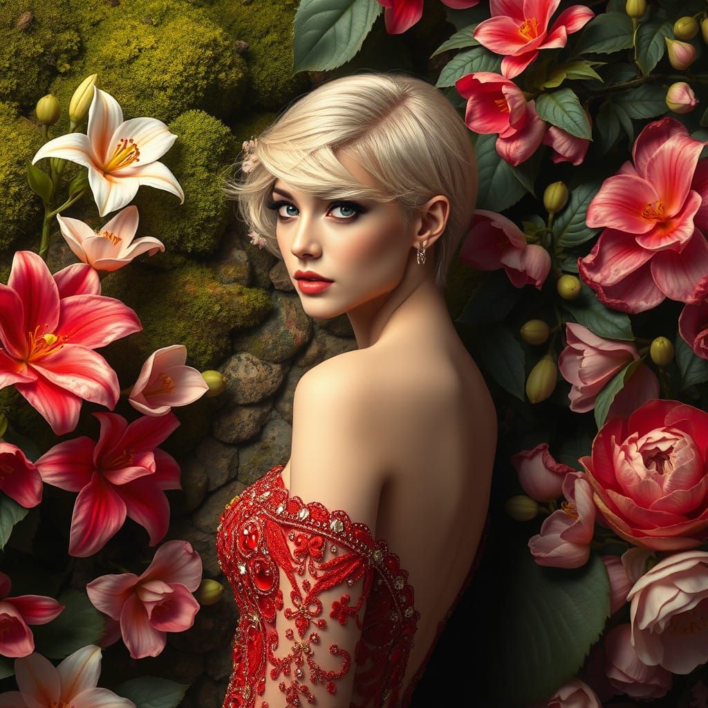 Ethereal Haute Couture Goddess in Opulent Floral Surrounds