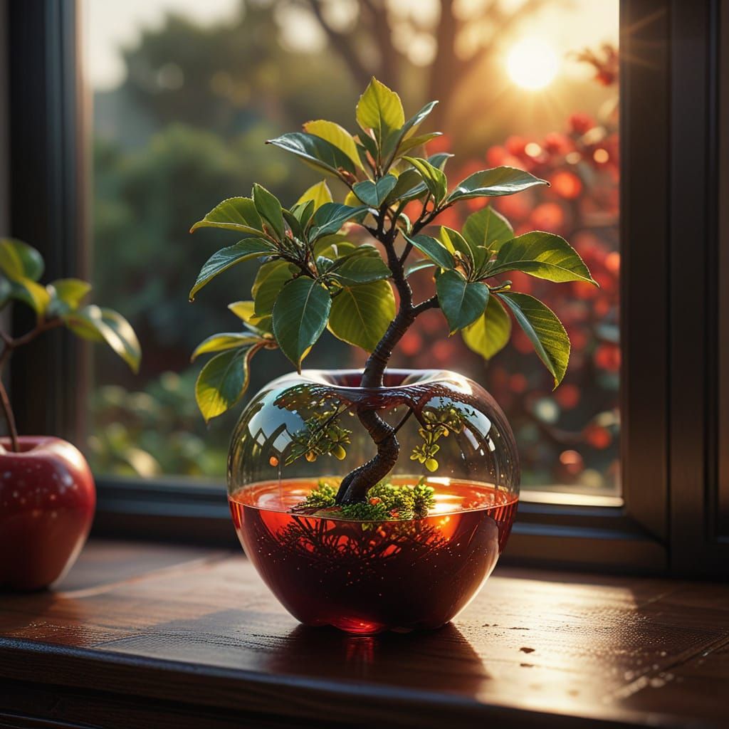 Glass Apple with Bonsai Tree in Sunset Glow