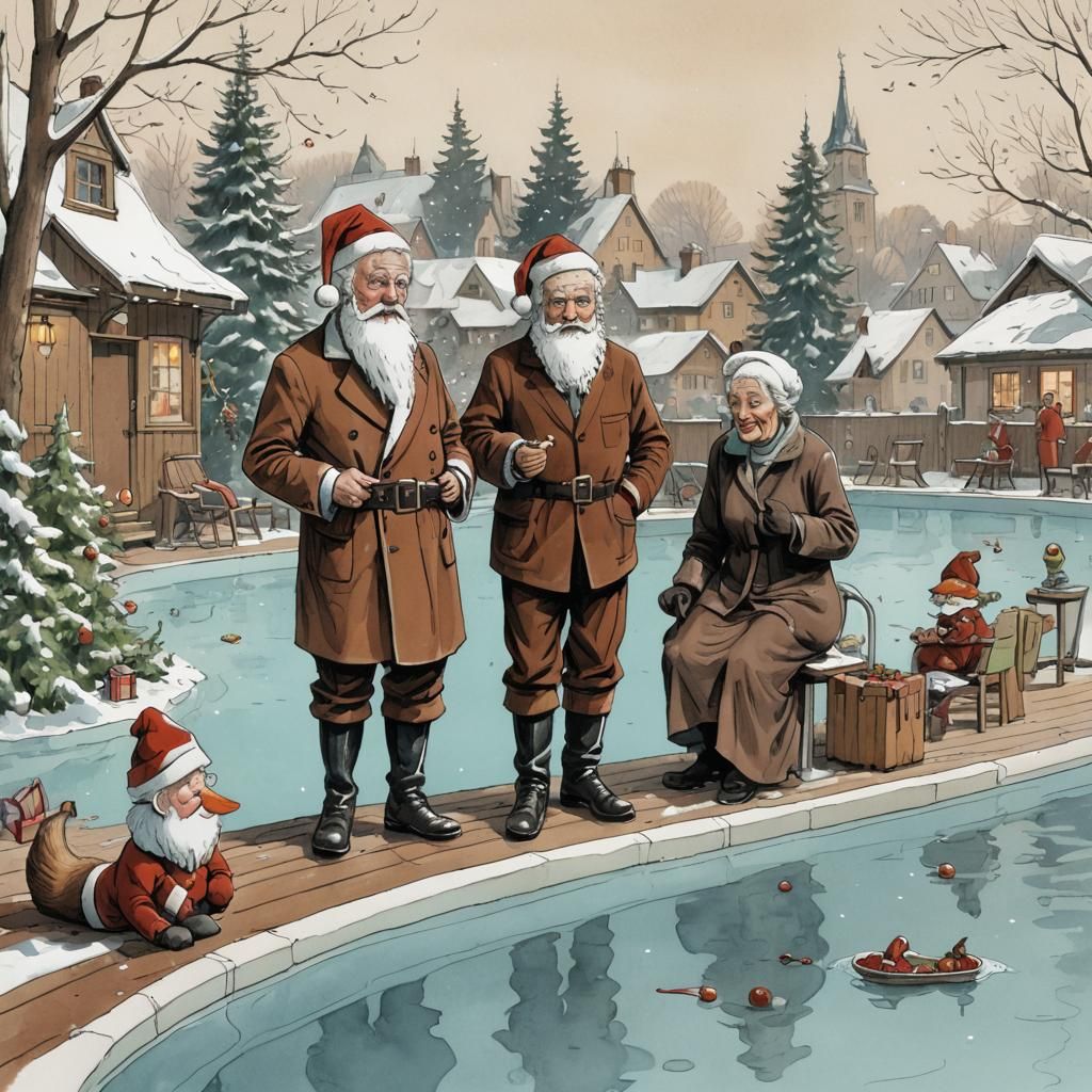 Cheerful Santa and Mrs Claus Relax by Frozen Pool Sipping Ch...