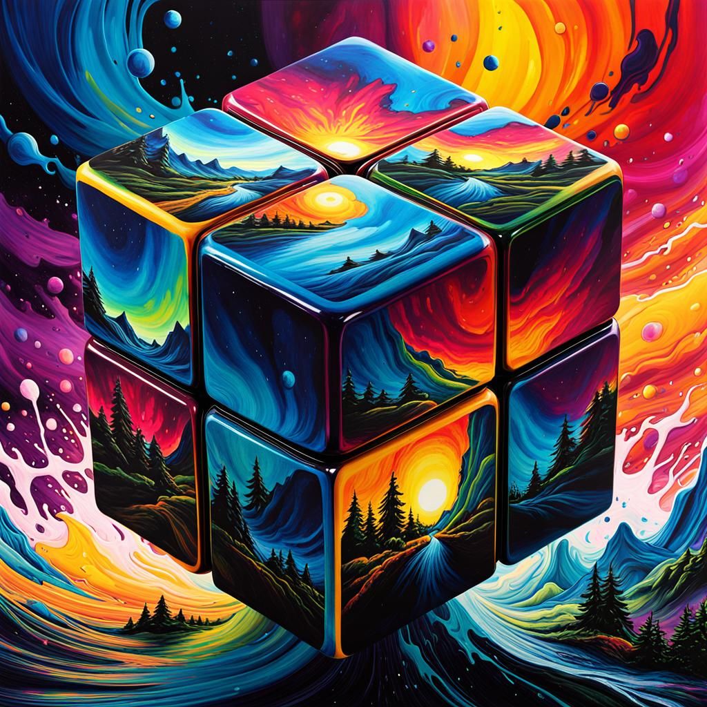 Landscape Rubik's Cube Puzzle in Liquid Watercolor Style