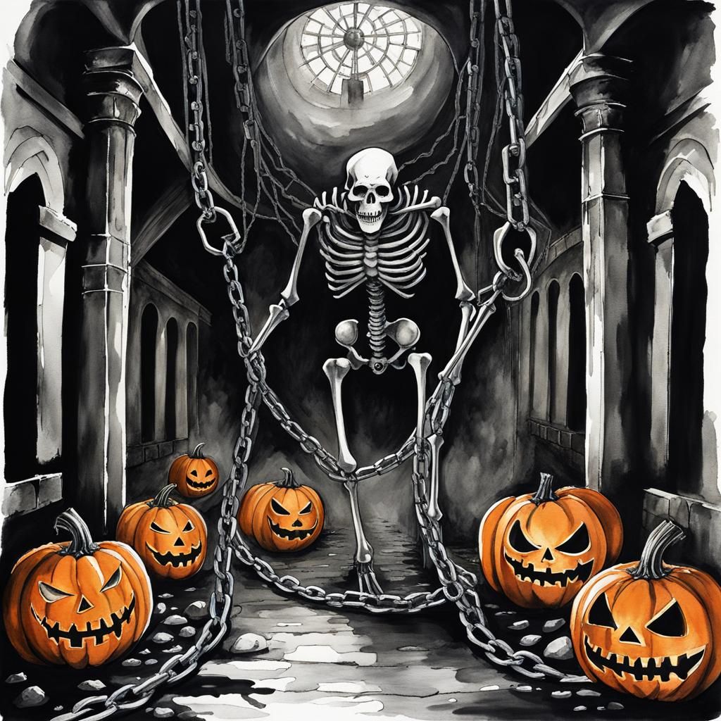 black and white painting of A creepy monster skeleton