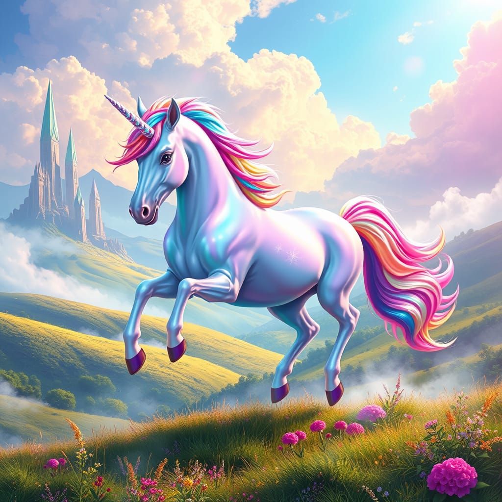 Majestic Unicorn Gallops Across Enchanted Landscape in Hyper...