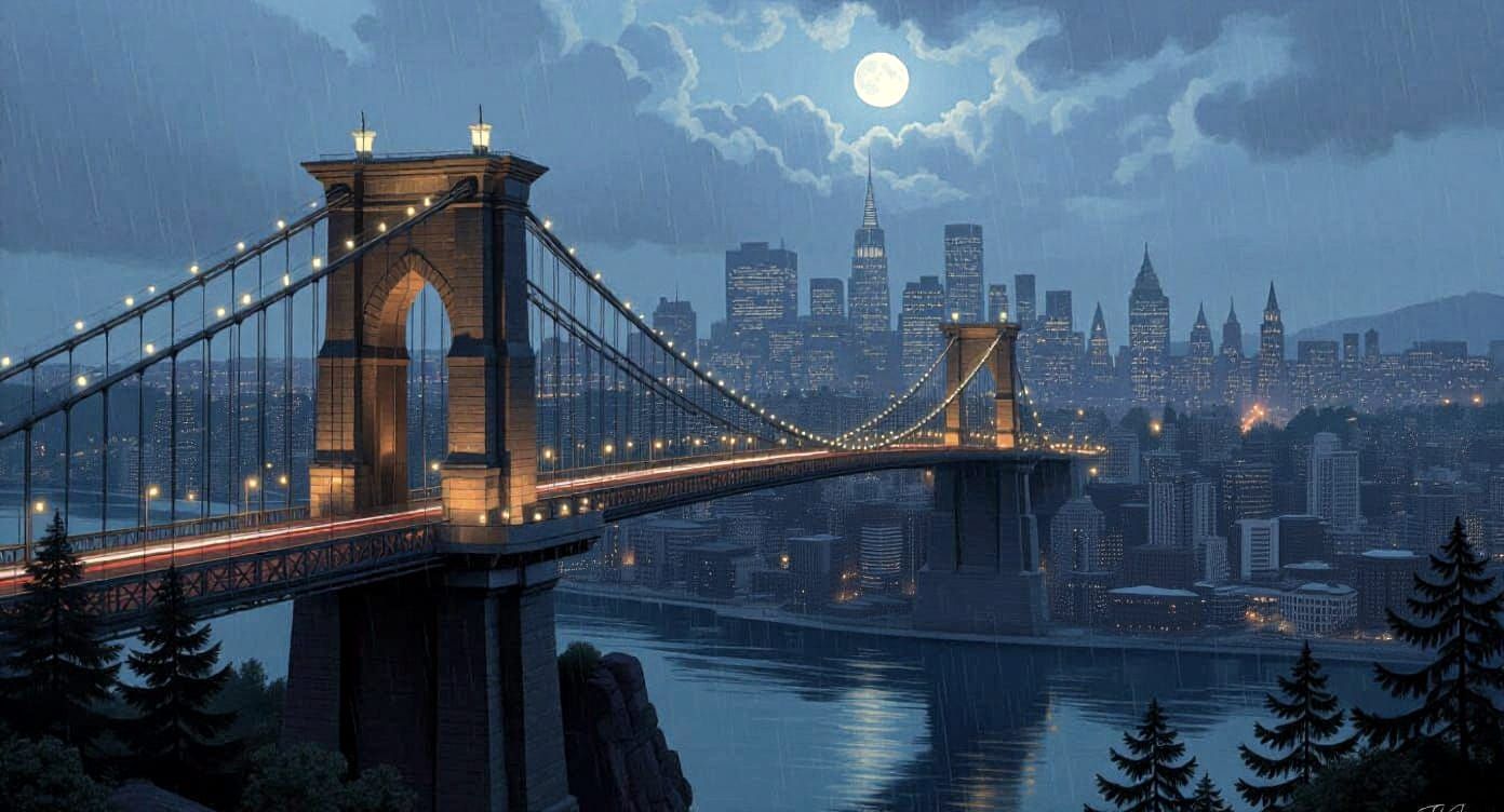 Suspension Bridge to Metropolis in Photorealistic Style