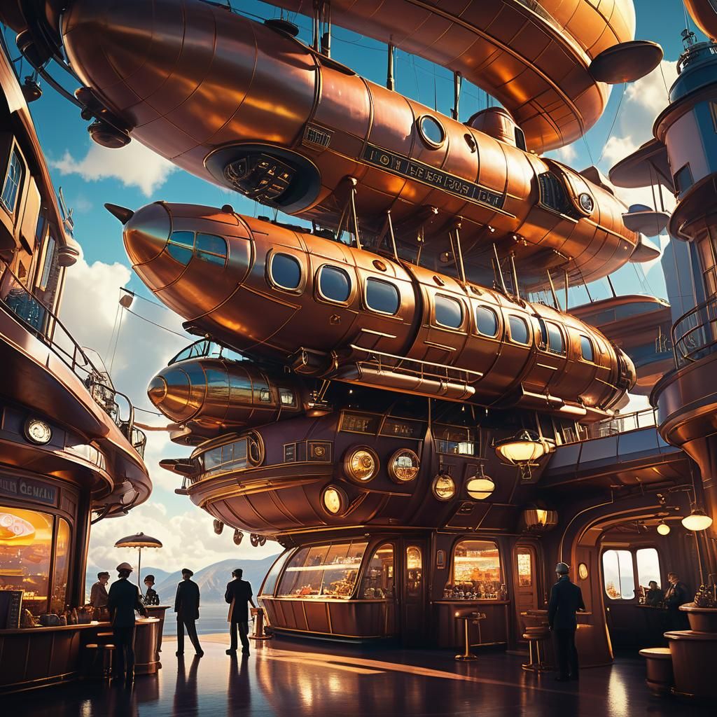Fantasy Donut Shop Airship in Retro-Futuristic Style