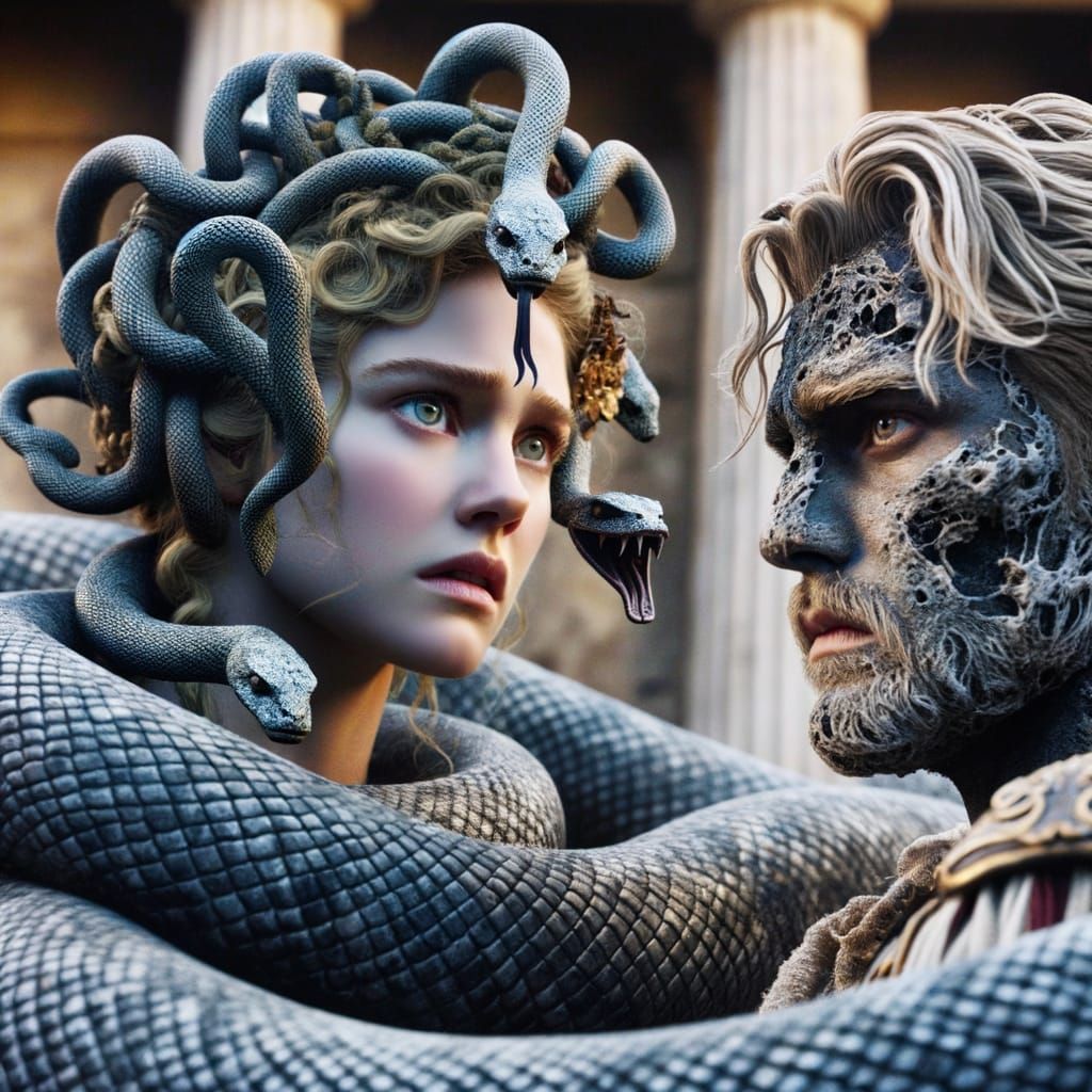 Medusa Transforms Warrior into Stone in Ancient Greek Mythol...