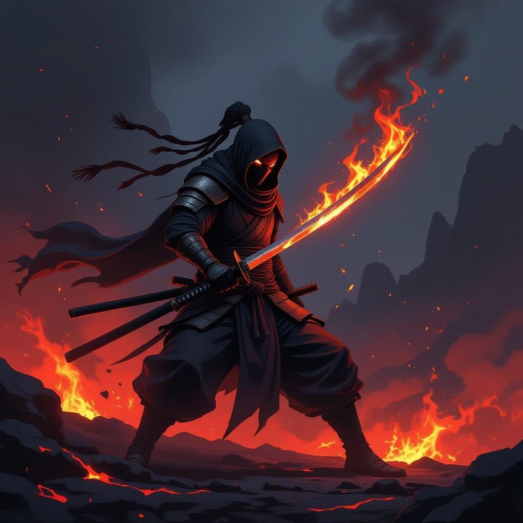 Fiery Ninja Warrior in Volcanic Landscape