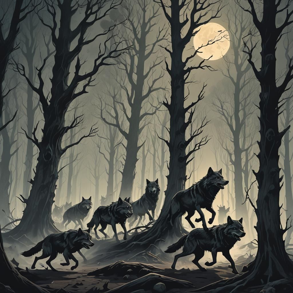 Ominous Wolf Pack in Dead Forest Illustration