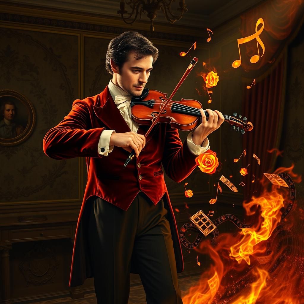 Fiery Violinist in Baroque Setting, Dreamlike Realism