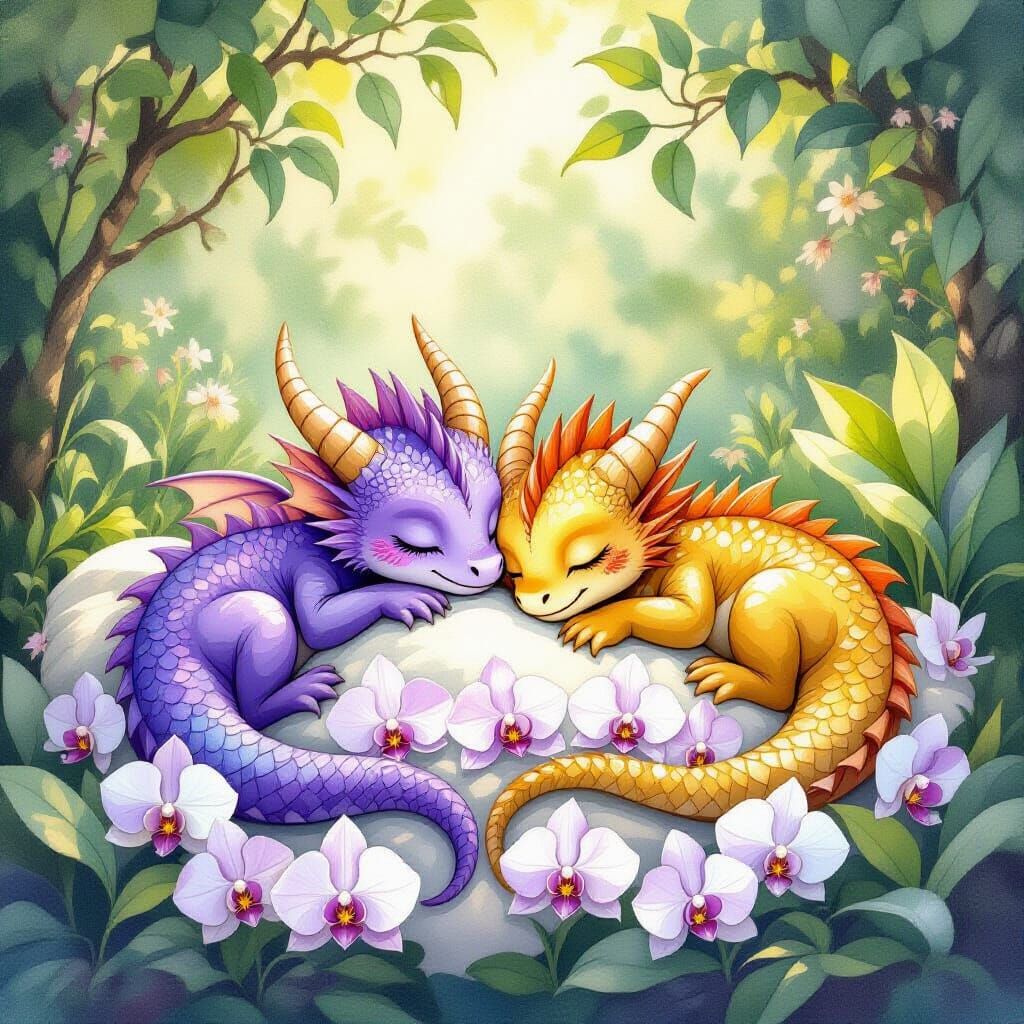 Sleeping Baby Dragons on Orchids, Watercolor Art