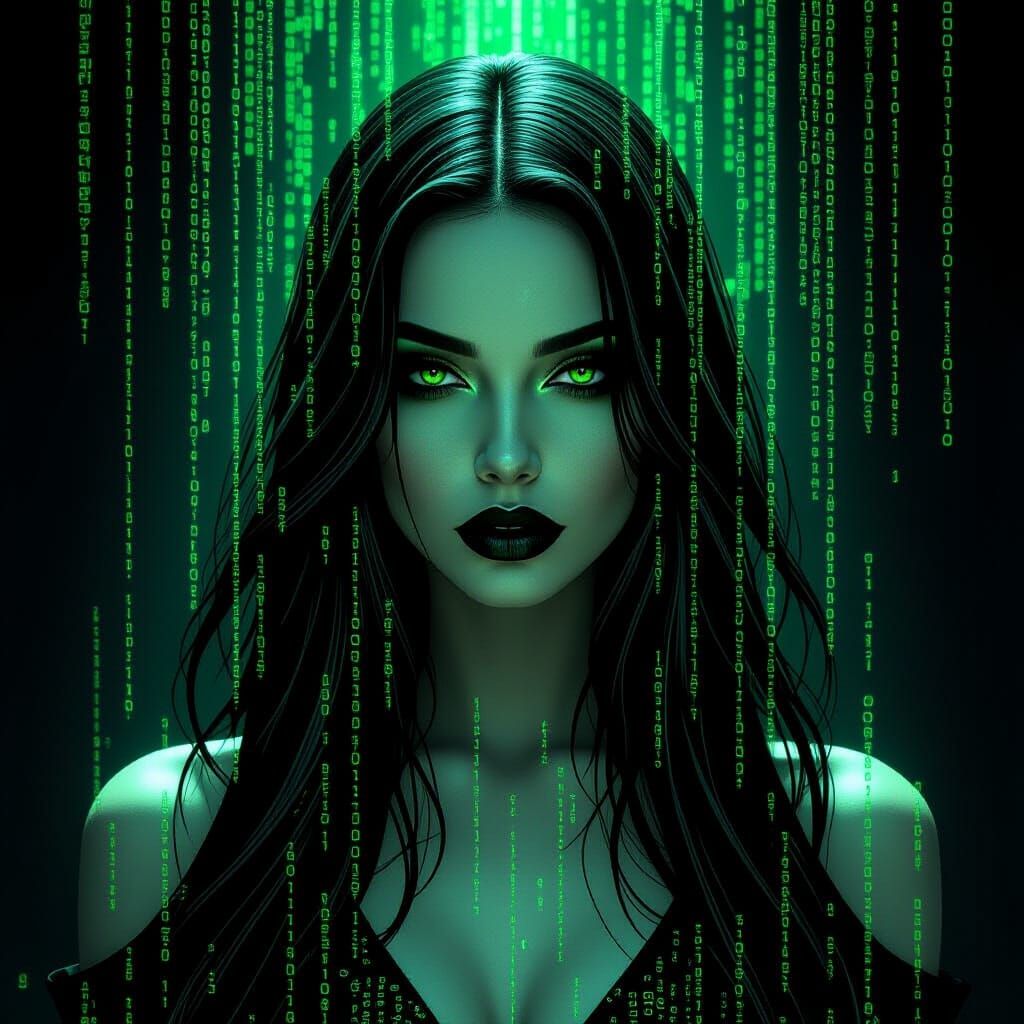 Goth Woman Made of Green Binary Code