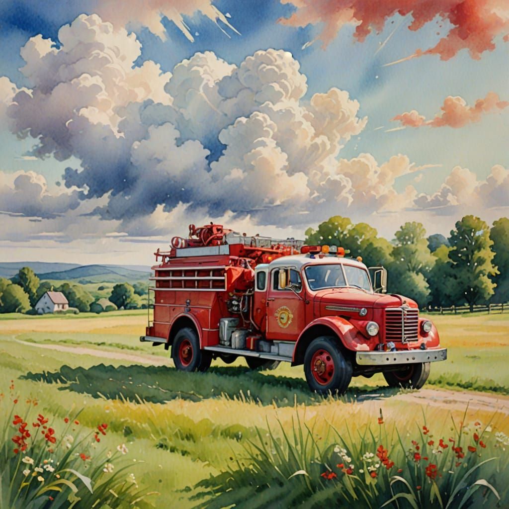 Impressionist Watercolor Painting of Vintage Fire Engine in ...