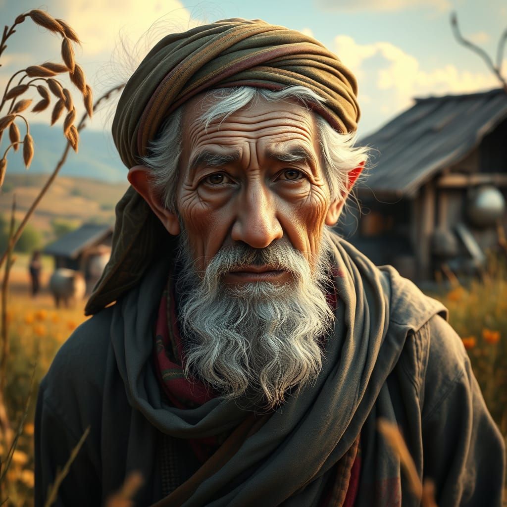 Concerned Elderly Man in Traditional Attire, Fantasy Realism
