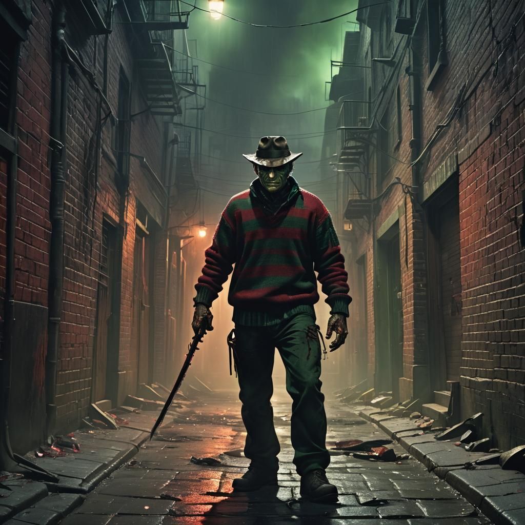 Freddy Krueger in Eerie Alleyway: Fantasy Horror Concept Art