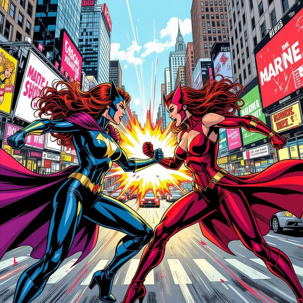 Madam Web and Scarlet Witch Battle in Times Square Comic Art