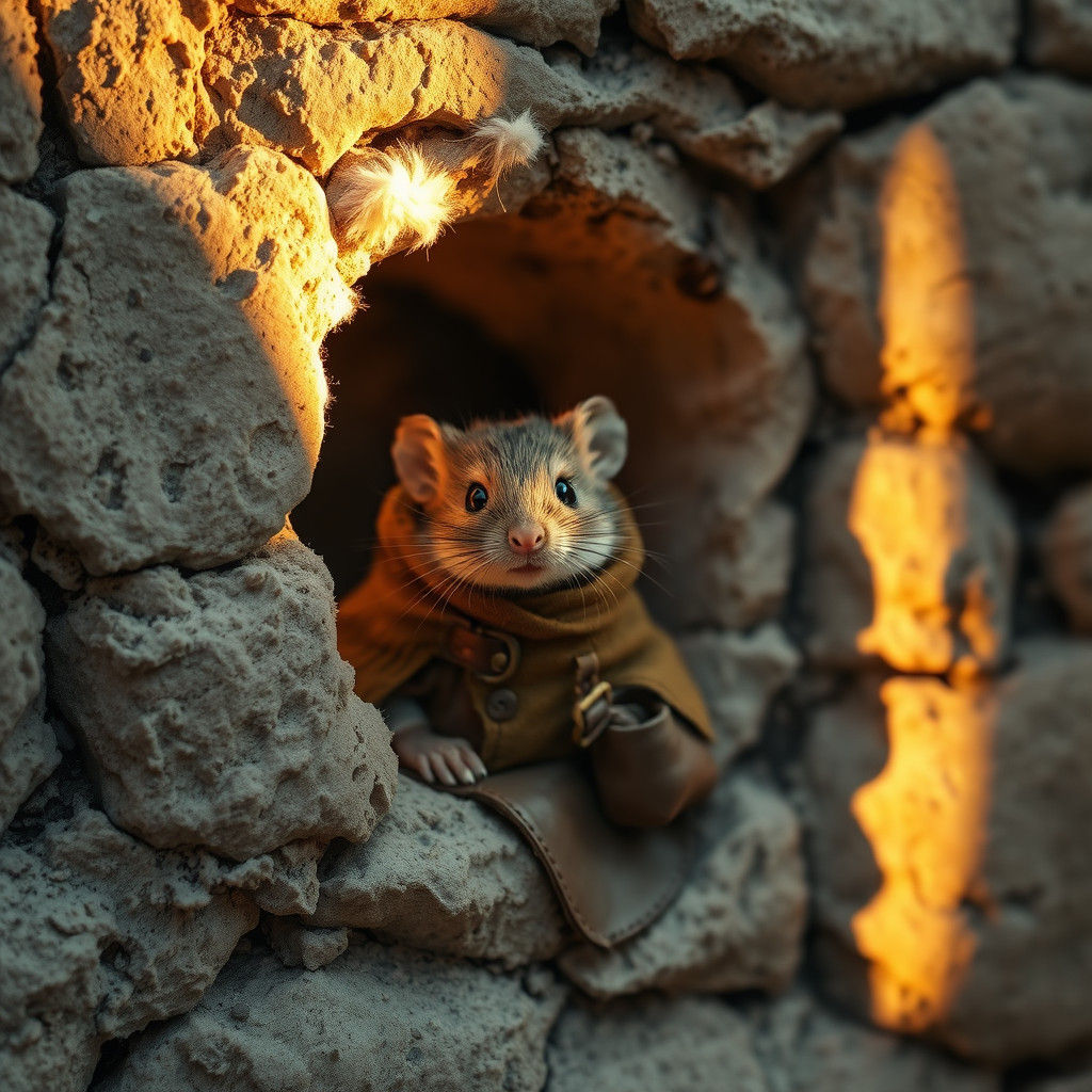 Mouse in Cloak Peeks From Wall Hole